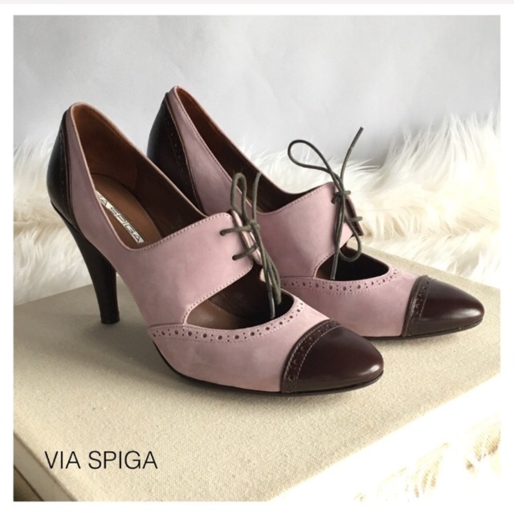 (Sz 8.5) VIA SPIGA Kelis Blush Suede Lace Up Heels